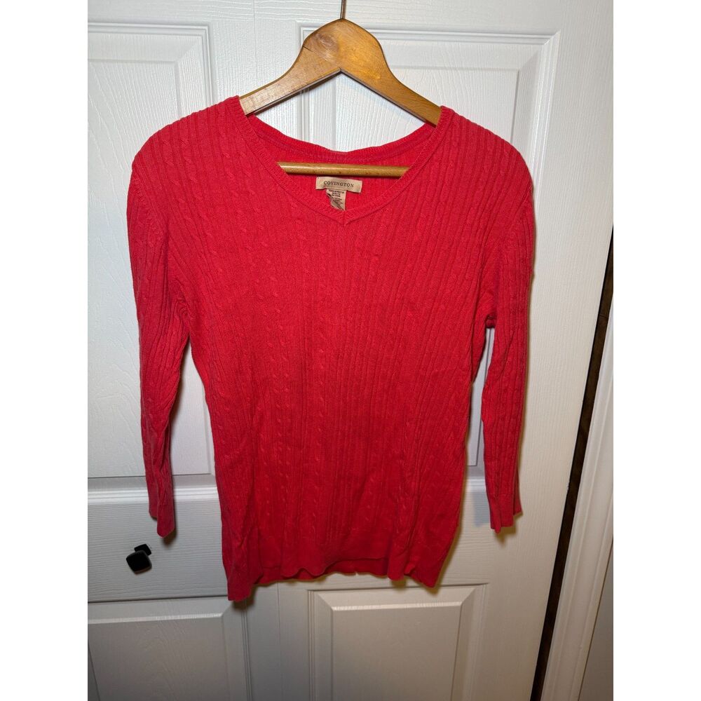 Covington Women's Pink Cable Knit Long Sleeve V Neck Sweater Size M